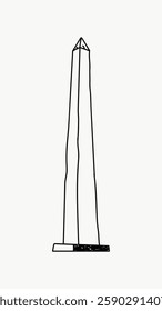 Simple line drawing of a tall obelisk. The obelisk stands upright with a pointed top. Minimalist design emphasizes the obelisk's height and shape. Line art illustration vector.