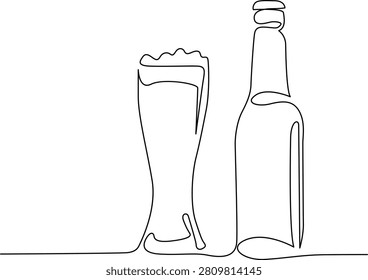 Simple line drawing of a tall pilsner glass with frothy beer and a standard beer bottle next to it, perfect for food, drink, and lifestyle stock.
