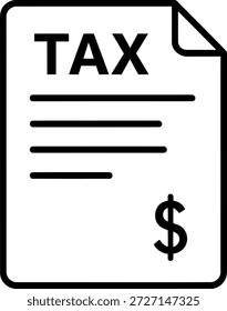 Un simple dibujo de línea de un documento de impuestos con la palabra 'TAX' en la parte superior y un signo de dólar en la parte inferior derecha.