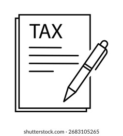 Un simple dibujo de línea de un formulario de impuestos con un bolígrafo colocado en la parte superior, listo para llenar. La Imagen está aislada sobre un fondo blanco limpio, simbolizando las tareas financieras.