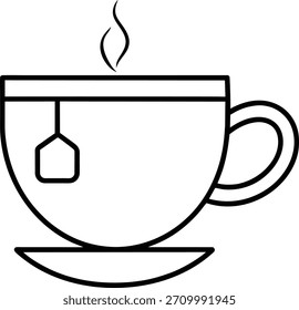 Un dibujo de línea simple de una taza de té con una bolsa de té y vapor aislado en blanco. Ideal para ilustrar bebidas calientes, la hora del té o temas de estilo de vida saludable para Sitios web, redes sociales y anuncios.