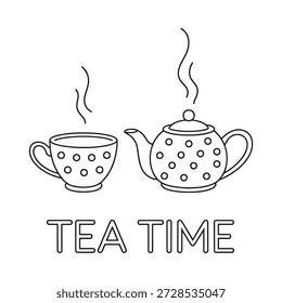 Un simple dibujo de línea de una taza de té y tetera con vapor