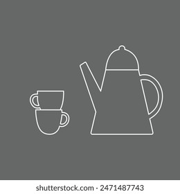 un dibujo de línea simple de una tetera y una taza sobre un fondo gris
