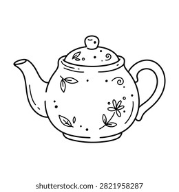 A simple line drawing of a teapot with a floral pattern and leaves, perfect for tea time or still life illustrations