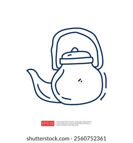 A simple line drawing of a teapot, showcasing its curved shape and handle, representing a common kitchen item used for boiling water or brewing tea.