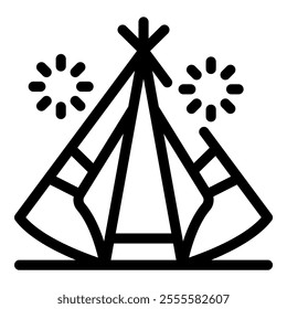 Simple line drawing of a teepee with fireworks exploding on either side, possibly celebrating a holiday or a powwow