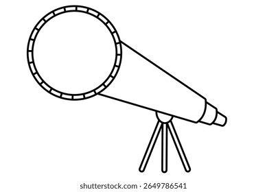 Desenho de linha simples do telescópio no suporte do tripé. Imagem de clipart isolada no plano de fundo.