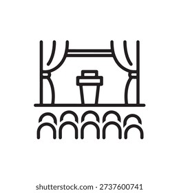 Simple line drawing of a theater stage with curtains and spotlight