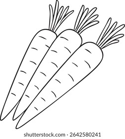 Um simples desenho de linha de três cenouras com tampos frondosos, perfeito para colorir páginas ou elementos de design gráfico.