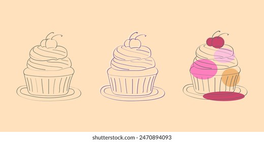 Eine einfache Strichzeichnung von drei Cupcakes mit Kirschbelag. Jeder Cupcake befindet sich auf einem Teller und hat eine andere Färbung.