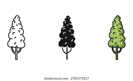 Simple line drawing of three evergreen trees with layered branches, varying in height and foliage density. Monochrome vector illustration.