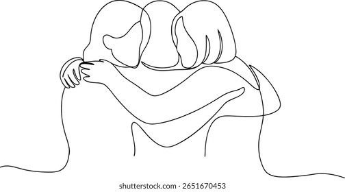 Desenho de linha simples de três figuras femininas abraçando por trás, expressando confiança e afeto
