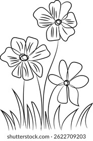 Simple line drawing of three flowers with stems and grass, perfect for coloring pages, cards, or simple floral designs.