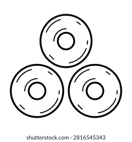 Simple line drawing of three metal washers stacked in a triangle formation, industrial hardware components