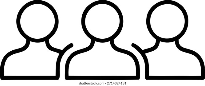 A simple line drawing of three people icons standing in a row, depicted in black outline on a pure white background, with minimal facial features and no additional details