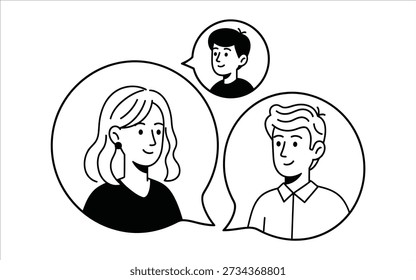 A simple line drawing of three people in speech bubbles, engaged in a conversation.