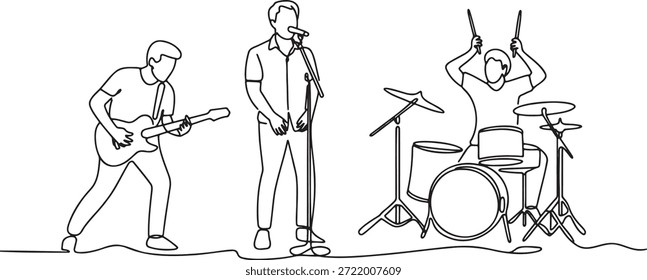 desenho de linha simples de uma banda de três peças tocando música. inclui guitarrista, cantor com microfone e baterista no kit de bateria. representa performance ao vivo, concerto e grupo musical.