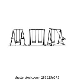 A simple line drawing of three playground swingsets, one of which is actively swinging.