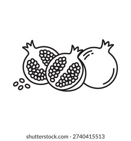 Simple line drawing of three pomegranates two cut open showing seeds