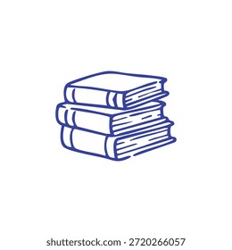 Eine einfache Linienzeichnung von drei gestapelten Büchern mit blauen Umrissen auf weißem Hintergrund.