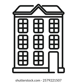 Simple line drawing of a three storey residential building with an attic and a mansard roof