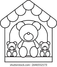 A simple line drawing of three teddy bears inside a house-shaped outline. The largest bear is in the center, with two smaller bears on either side, all isolated on a white background.