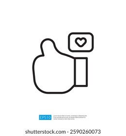 a simple line drawing of a thumbs-up gesture alongside a small heart symbol, representing approval or appreciation. Illustration icon