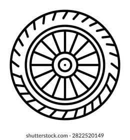Simple line drawing of a tire wheel with spokes and rubber tread, isolated on white background