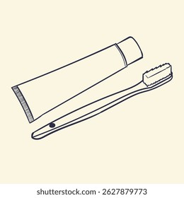 Simple line drawing of toothpaste tube and toothbrush for dental hygiene and oral care