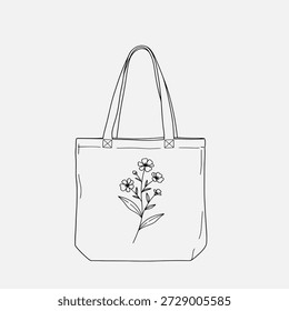 Desenho de linha simples de um saco de tote com design floral em um fundo branco