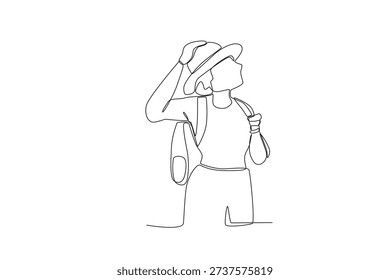 Simple Line Drawing Tourist with Backpack Looking Up at View Illustration