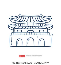 A simple line drawing of a traditional Asian-style building with a tiered roof and arched entrances, showcasing architectural design.