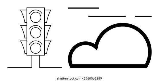 Simple line drawing of a traffic light and a cloud. Ideal for urban planning, transportation, weather forecasting, minimalistic art, and educational materials. Black and white style