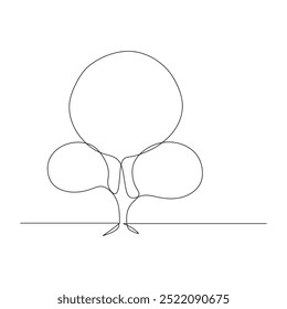 Simple line drawing of a tree with a large circular canopy and two smaller circular shapes at the base. continuous one line hand drawn style of nature and environment illustration