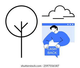 Simple line drawing of a tree next to a person holding a cash back sign inside a window. Ideal for nature and finance, eco-friendly initiatives, digital communication, modern design, and customer