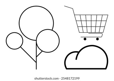 Un simple dibujo de línea de un árbol, un Carrito de compras y una nube en negro sobre blanco Ideal para temas como sostenibilidad de la naturaleza compras ecológicas almacenamiento en la nube conciencia ambiental y simplicidad