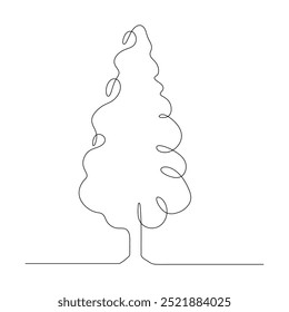 Simple line drawing of a tree with a straight trunk and curved lines for foliage. Simple hand drawn style on white background for nature and environment illustration