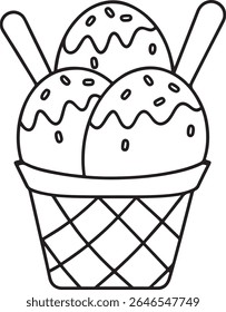 A simple line drawing of a triple scoop ice cream cone with sprinkles and wavy topping, presented on a clean white background. This graphic is perfect for summer themes and dessert illustrations.