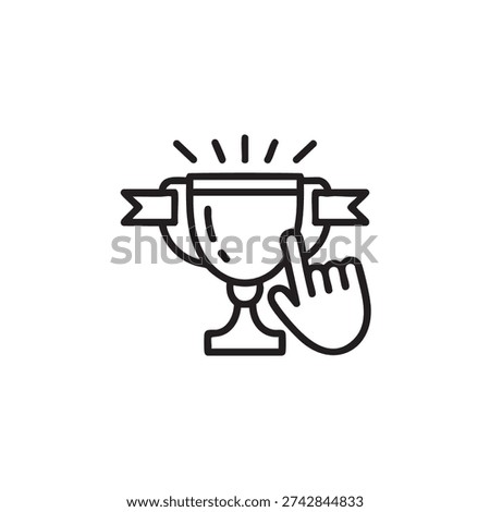 A simple line drawing of a trophy with a banner and a pointing hand, conveying a sense of achievement and success in a minimalist style with black lines on white background