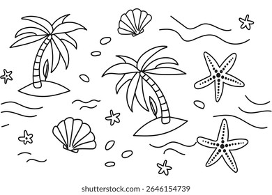Simple line drawing of tropical beach elements with palm trees starfish and shells