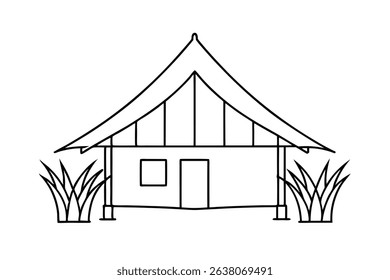 Simple line drawing of a tropical house with grass