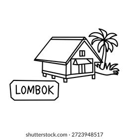 Um simples desenho em linha de uma cabana tropical com uma palmeira ao lado, e uma placa que diz Lombok.