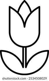 Dibujo de línea simple de una flor de tulipán con un tallo, dos hojas y pétalos distintos, con un diseño limpio y minimalista.