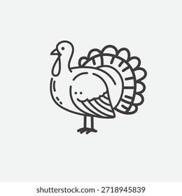 Um desenho de linha simples de um peru em perfil com penas detalhadas e linhas de corpo em um fundo branco limpo