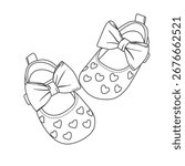 A simple line drawing of two baby girl shoes adorned with heart patterns and decorative bows, perfect for design elements.
