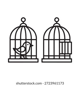 Un simple dibujo de línea de dos jaulas para pájaros, una con un pájaro dentro