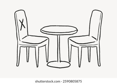 Simple line drawing of two chairs and a round table. Minimalist furniture sketch with two chairs and a table. Black and white illustration of chairs and table. Vector illustration.