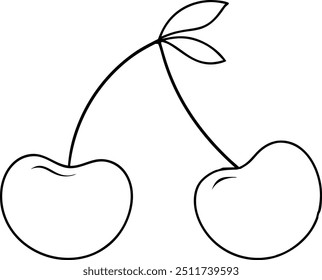 Simple Line Drawing of Two Cherries on a Branch with Leaves in Minimalist Style