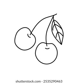 Simple line drawing of two cherries with a leaf on a minimalist background