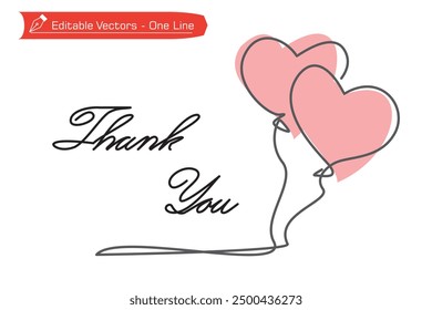 Simple line drawing of two elegant pink love balloons and a handwritten Thank You letter. Vector illustration of one continuous line drawing of balloons and inscription thank you for greeting card.